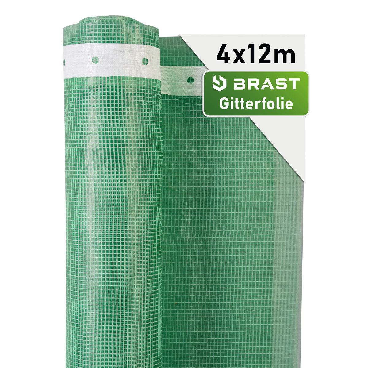 Grüne Gitterfolie mit weißem Rand, 4x12 Meter, gerollt und teilweise ausgelegt.