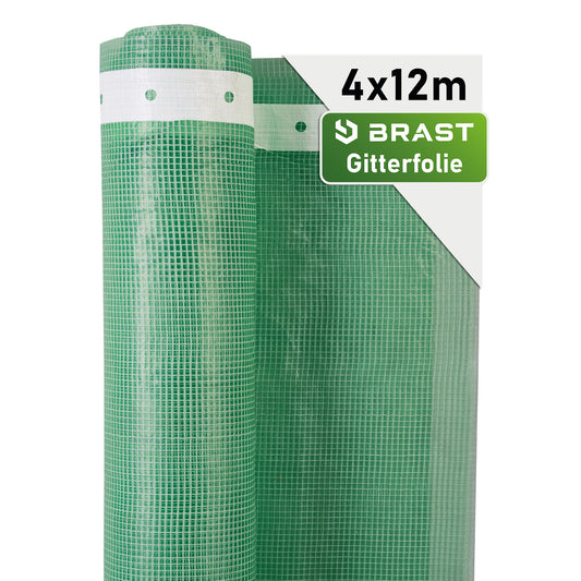 Grüne Gitterfolie mit weißem Rand, 4x12 Meter, gerollt und teilweise ausgelegt.