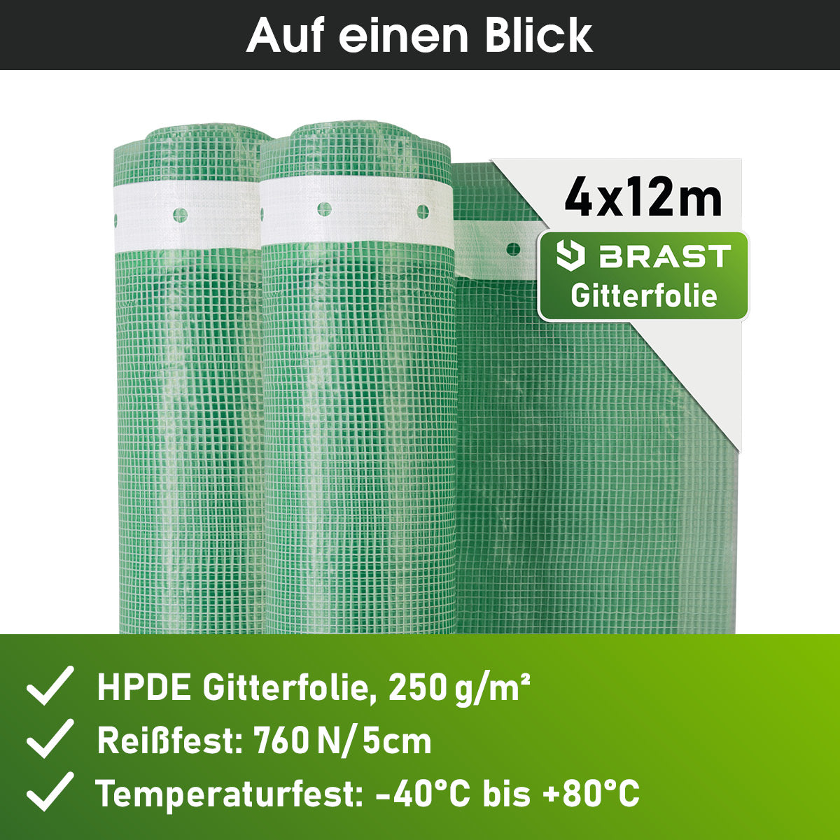 Drei Rollen grüne HPDE Gitterfolie 4x12m mit 250 g/m², reißfest und temperaturbeständig.