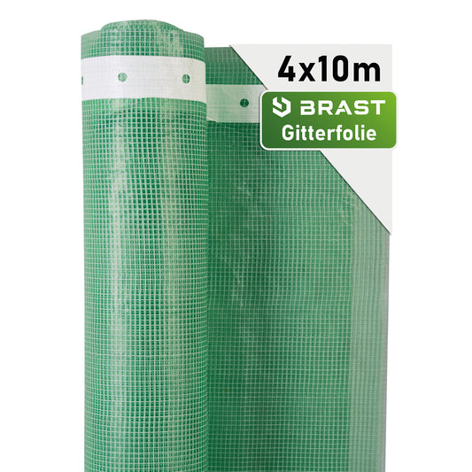 Grüne Gitterfolie auf Rolle mit weißem Etikett, Maße 4x10 Meter, feines Rastermuster.