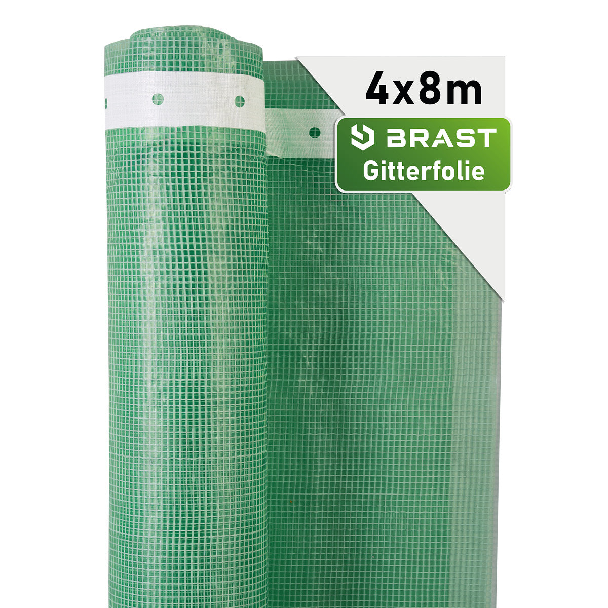 Grüne Gitterfolie von BRAST, 4x8 Meter, gerollt mit weißem Rand am oberen Rand.