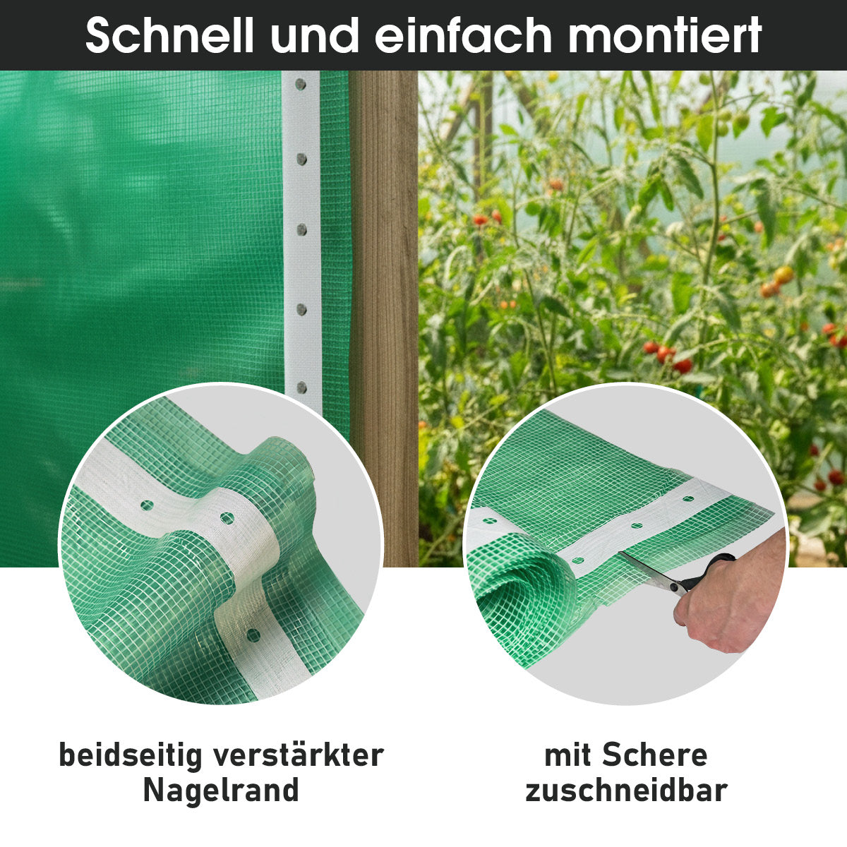 Grüne beidseitig verstärkte Gitterfolie mit weißen Befestigungsrändern, zuschneidbar mit Schere.