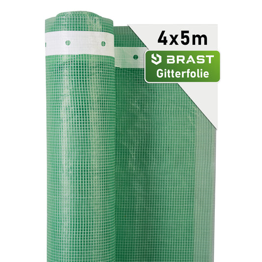 Grüne Gitterfolie mit weißem Rand, 4x5 Meter, kariertes Muster.