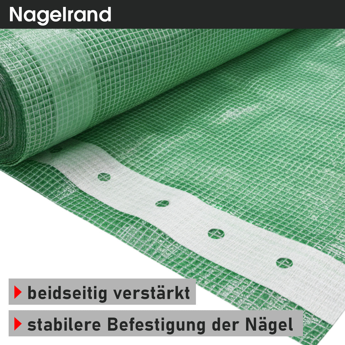 Grüne Gitterfolie mit weißem Nagelrand und Metallösen, 4x5 Meter, verstärkt beidseitig.