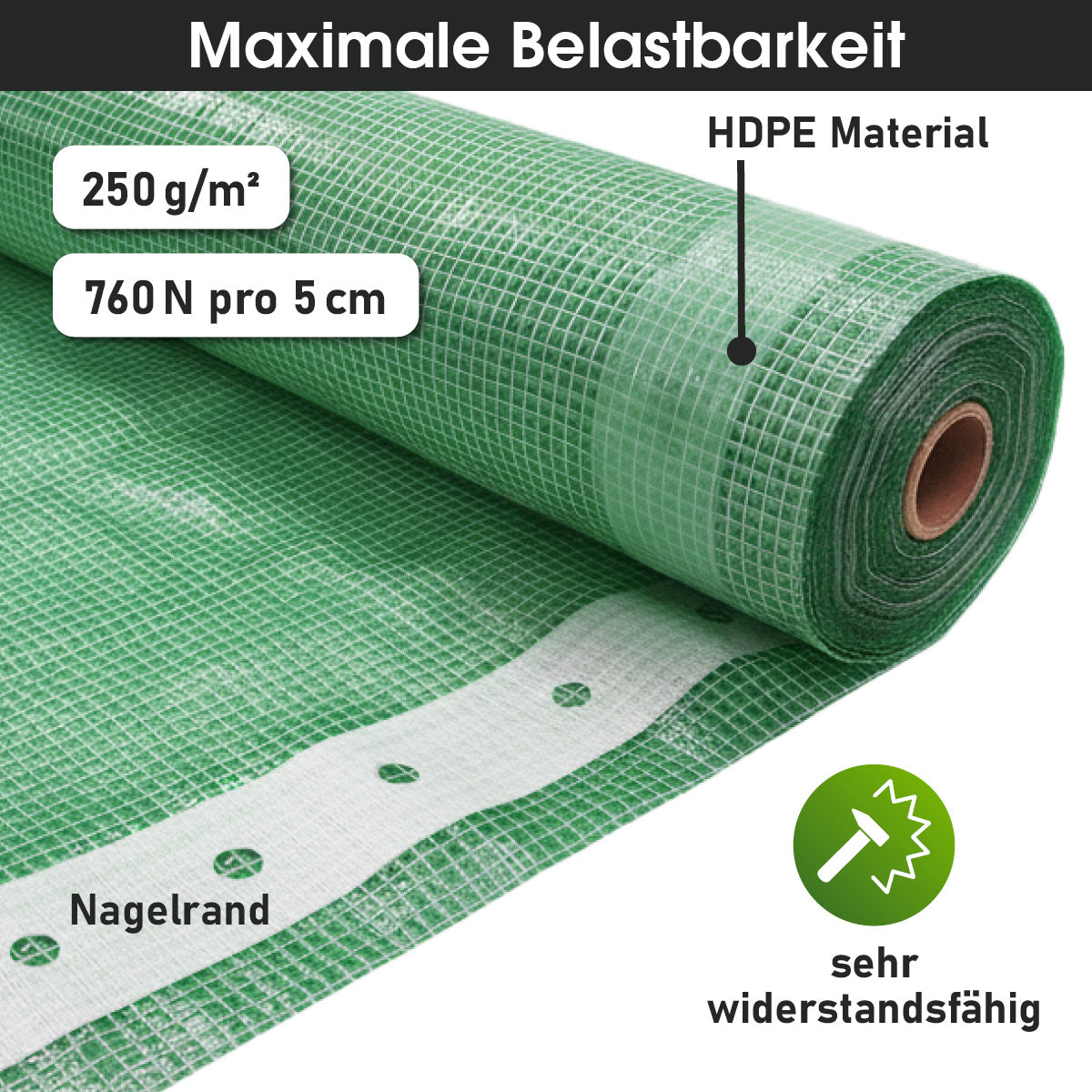 Grüne Gitterfolie 4x5m aus HDPE mit Nagelrand, 250 g/m², hohe Reißfestigkeit.