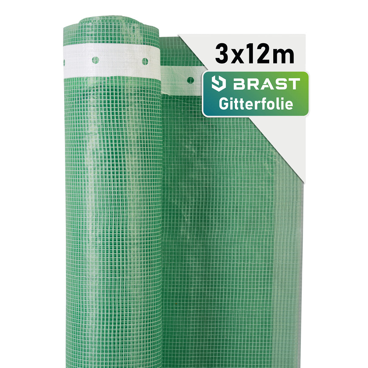 Grüne BRAST Gitterfolie mit weißem Rand, Größe 3x12 Meter, feinmaschiges Netz.