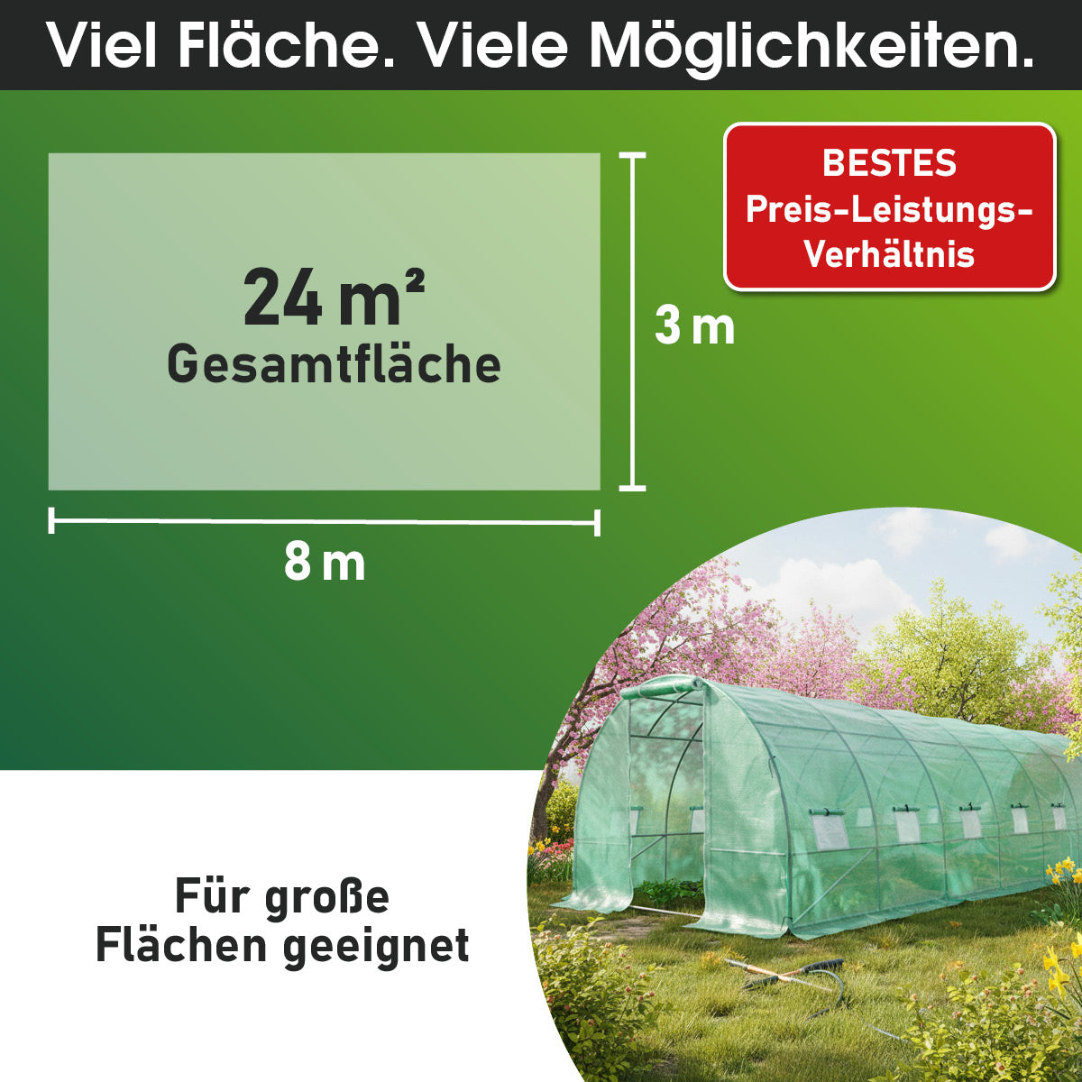 Grüne BRST Gitterfolie 3x8 Meter auf Werbegrafik mit 24 m² Fläche und Folientunnel im Garten.