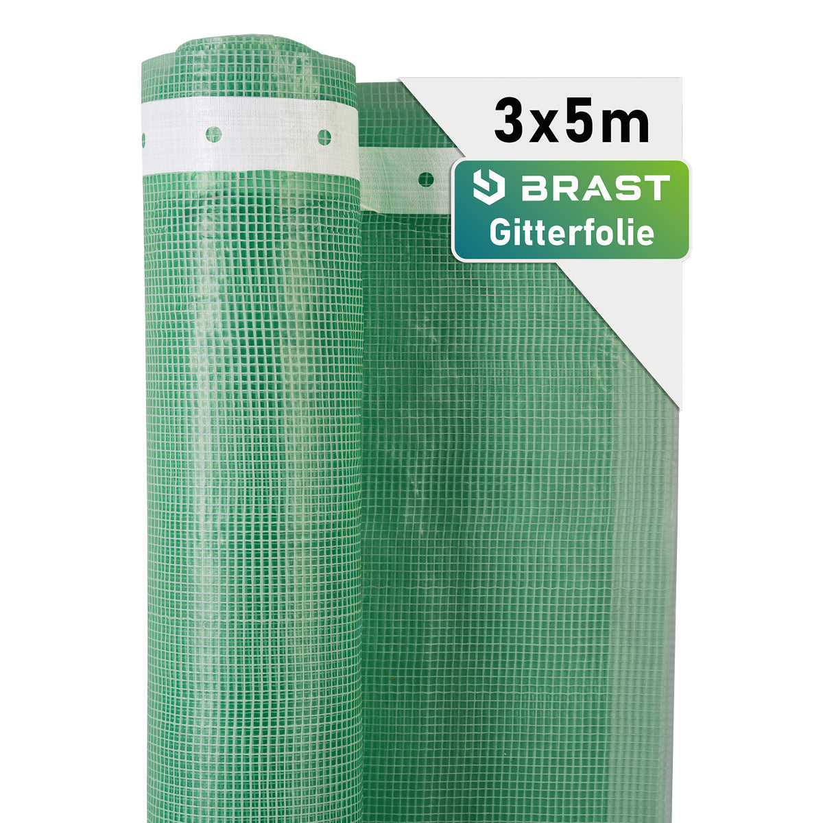 Grüne Gitterfolie mit weißem Rand, 3x5 Meter, feinmaschiges Kunststoffgewebe.