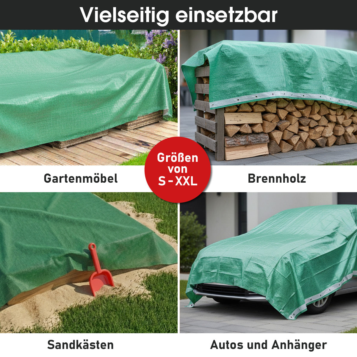 Grüne robuste Gitterfolie 3x5m, wetterfest, vielseitig für Gartenmöbel, Brennholz, Sandkasten und Fahrzeuge.