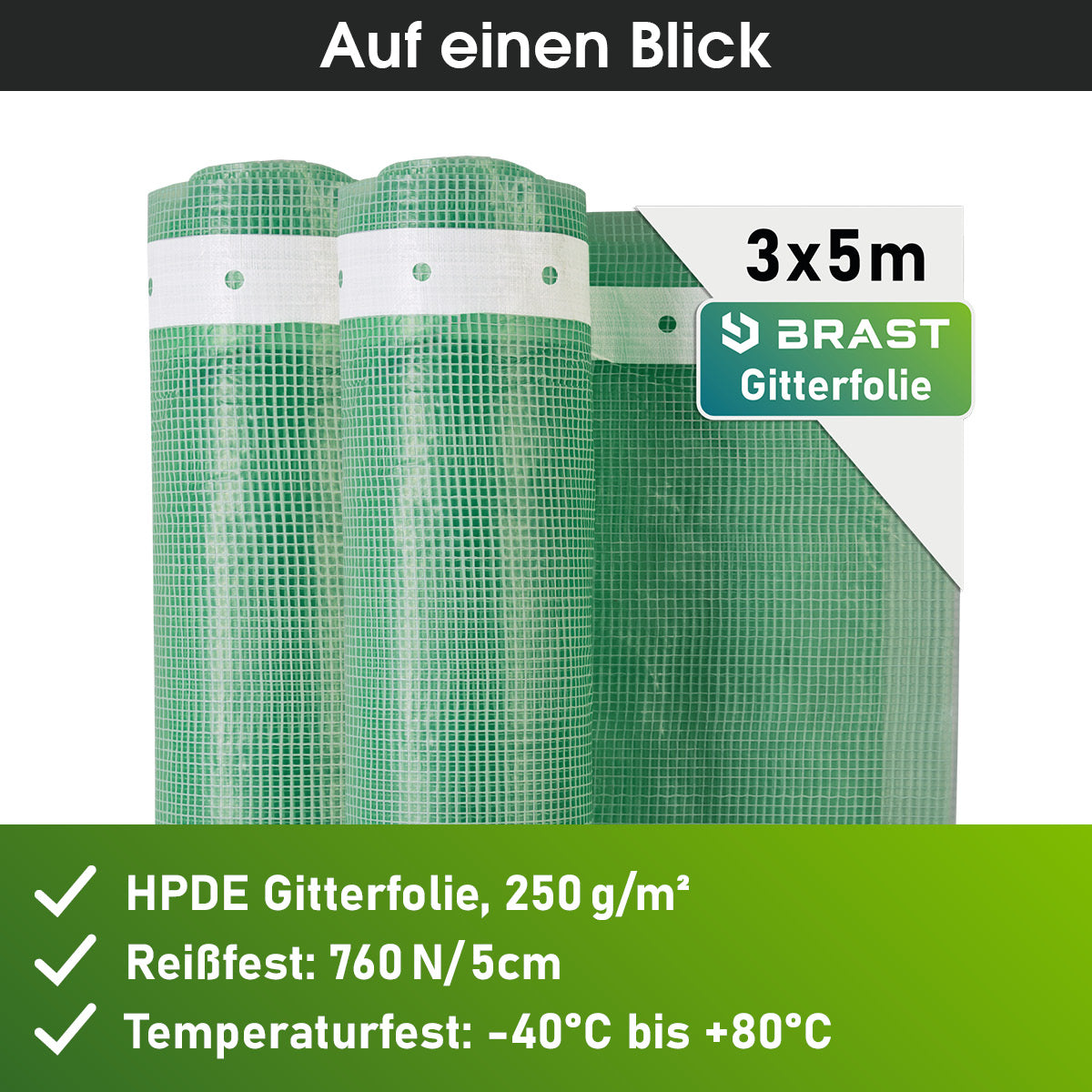 Grüne HPDE Gitterfolie 3x5m, reißfest mit 760N/5cm, temperaturbeständig -40° bis +80°C.