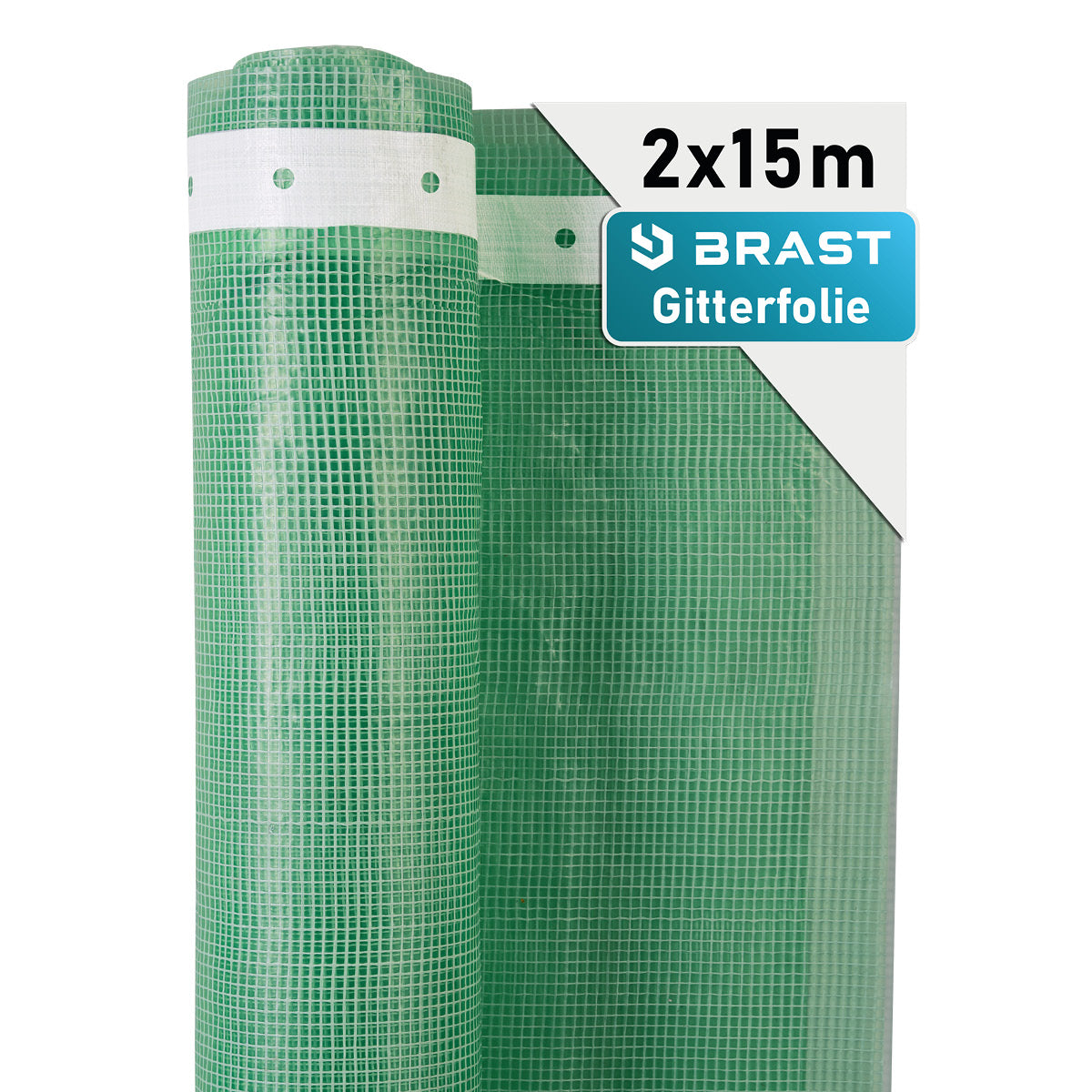Grüne Gitterfolie mit weißem Rand, 2 Rollen je 15 Meter, feinmaschiges Kunststoffnetz.