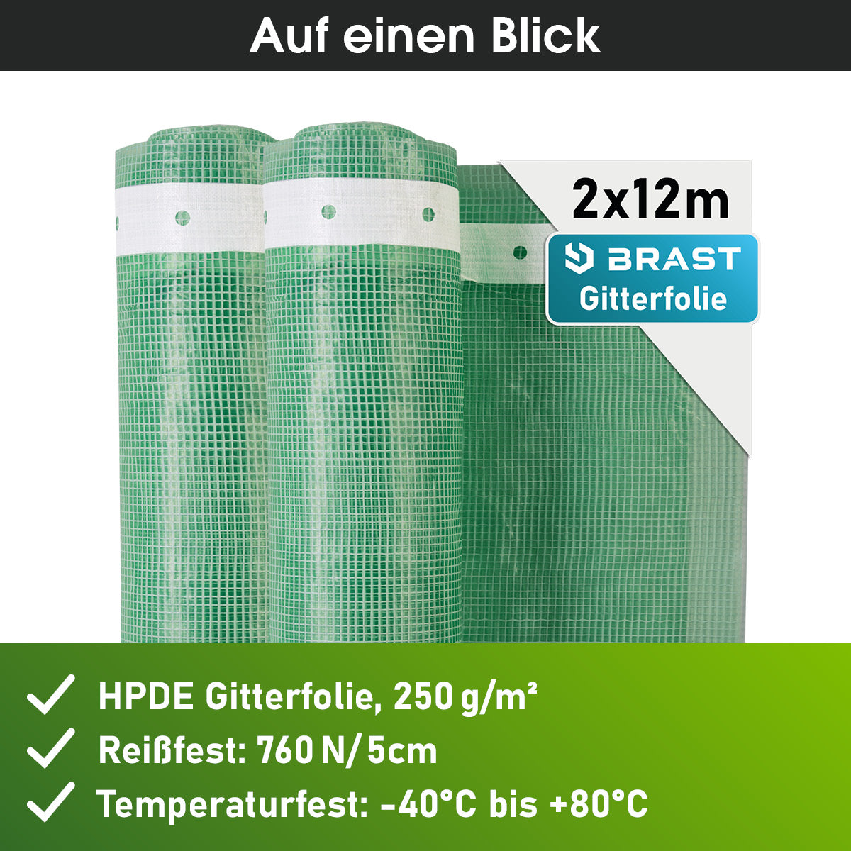 Grüne BRAST Gitterfolie 2x12m, Netzstruktur, robuste HPDE-Materialqualität.