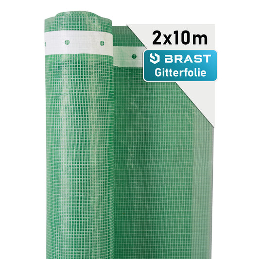 Grüne Gitterfolie mit weißem Rand, 2 Rollen je 10 Meter, transparentes Kunststoffnetz.