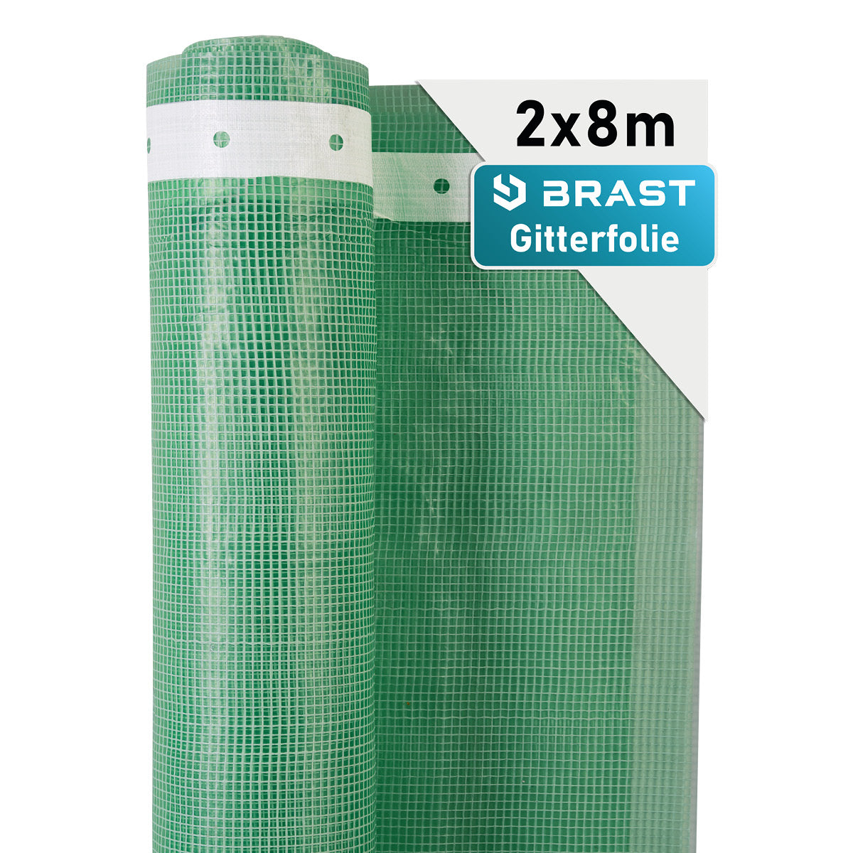 Grüne Gitterfolie aufgerollt, 2x8 Meter, mit weißem Klebestreifen am Rand und feinem Rastermuster.
