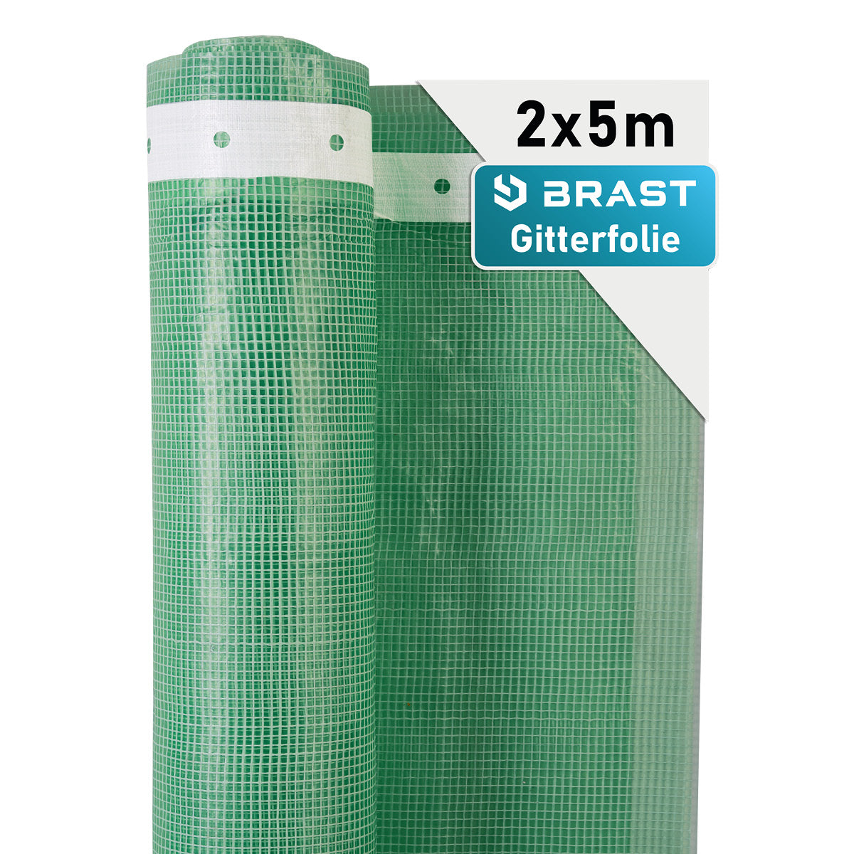 Grüne Gitterfolie in Rolle, 2x5 Meter, mit weißem Rand und braunem Klebestreifen.
