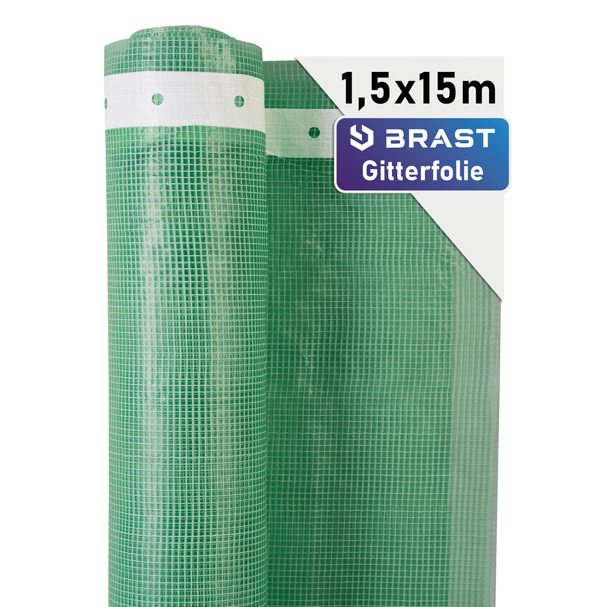 Grüne Gitterfolie mit quadratischem Muster, Rolle 1,5x15 Meter, transparent und feinmaschig.