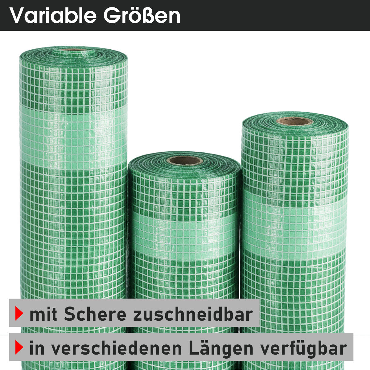 Grüne Gitterfolie in drei variablen Rollenlängen mit weißem Rastermuster.