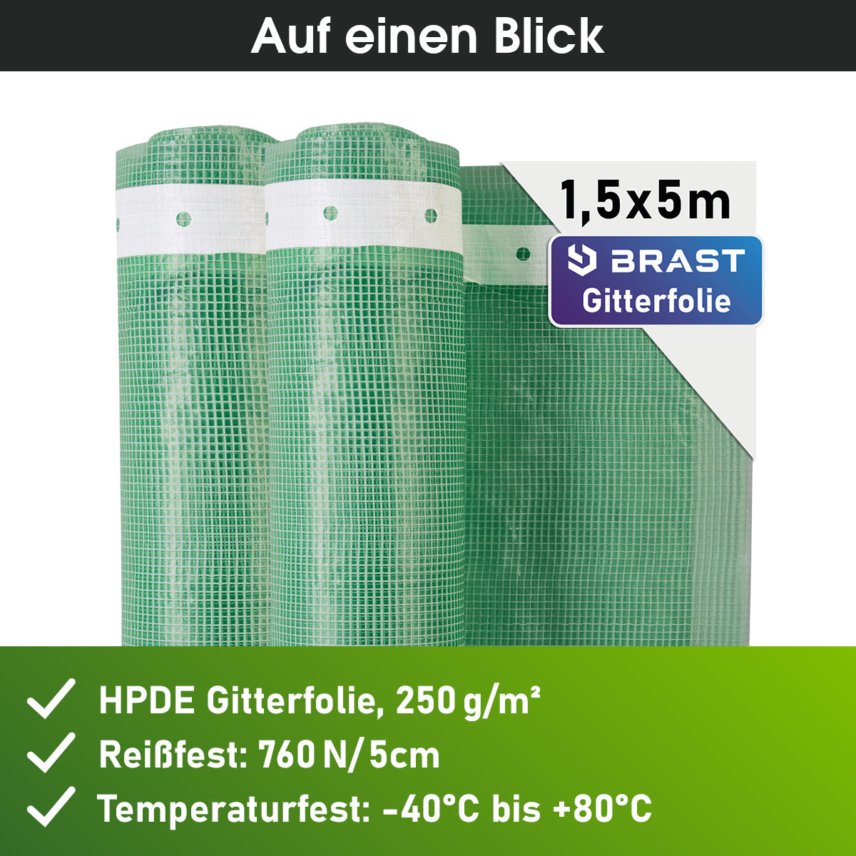 Grüne BRAST Gitterfolie 1,5x5m, 3 Rollen, robustes HPDE-Material mit Wabenstruktur.