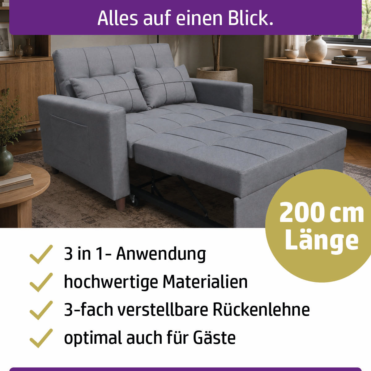 Ambiness 3in1 Zweisitzer Schlafsofa dunkelgrau