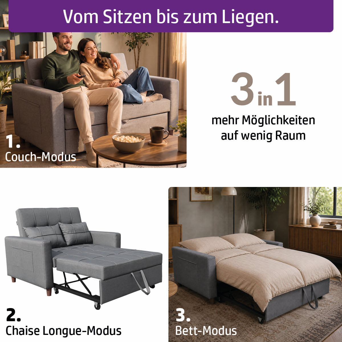 Ambiness 3in1 Zweisitzer Schlafsofa dunkelgrau