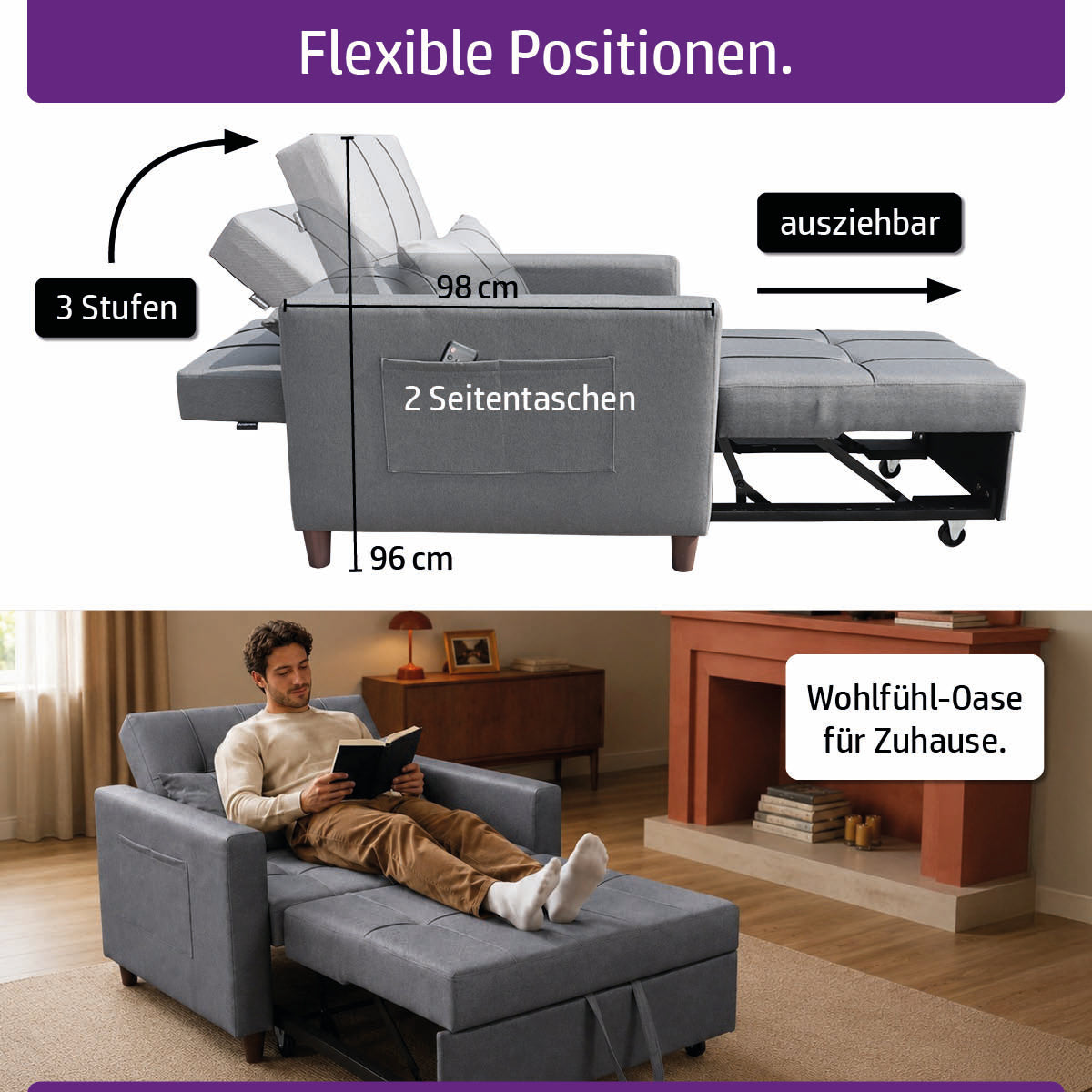 Ambiness 3in1 Zweisitzer Schlafsofa dunkelgrau