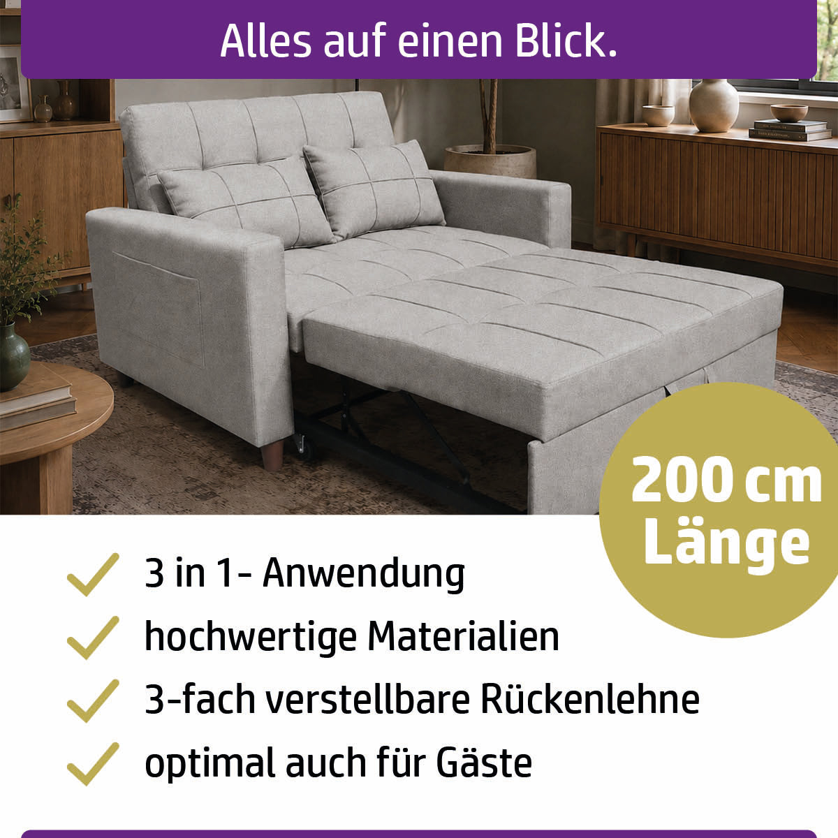 Ambiness 3in1 Zweisitzer Schlafsofa hellgrau