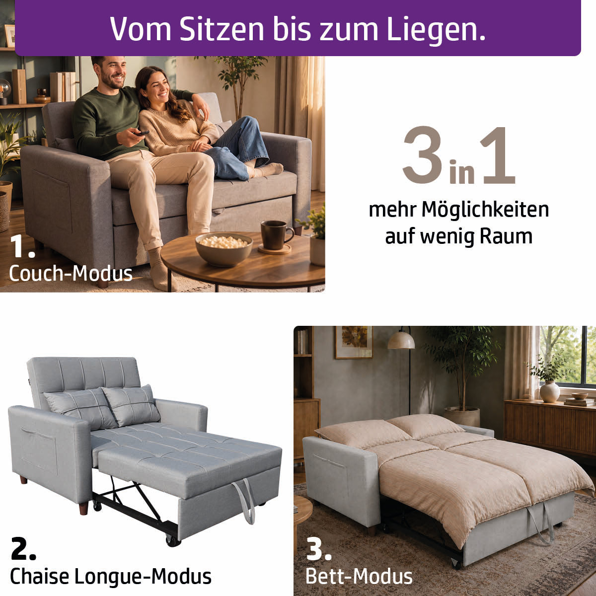 Ambiness 3in1 Zweisitzer Schlafsofa hellgrau