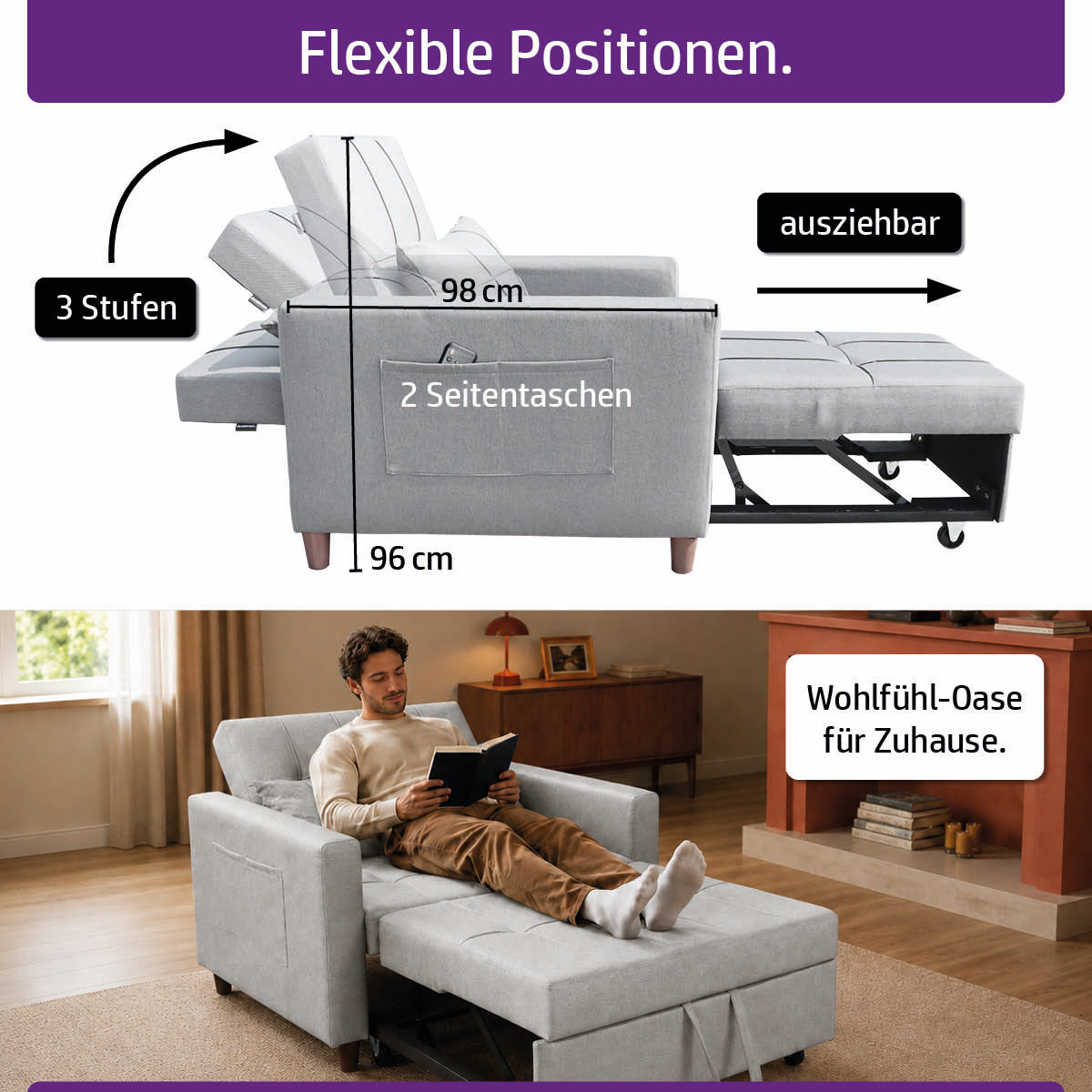 Ambiness 3in1 Zweisitzer Schlafsofa hellgrau
