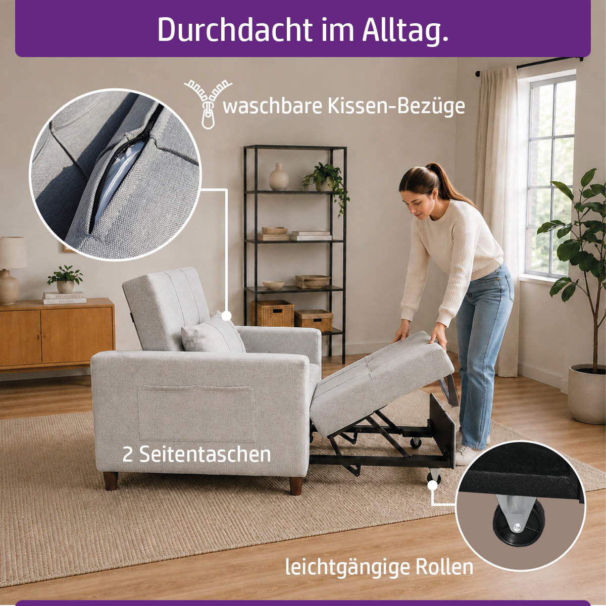 Ambiness 3in1 Zweisitzer Schlafsofa hellgrau