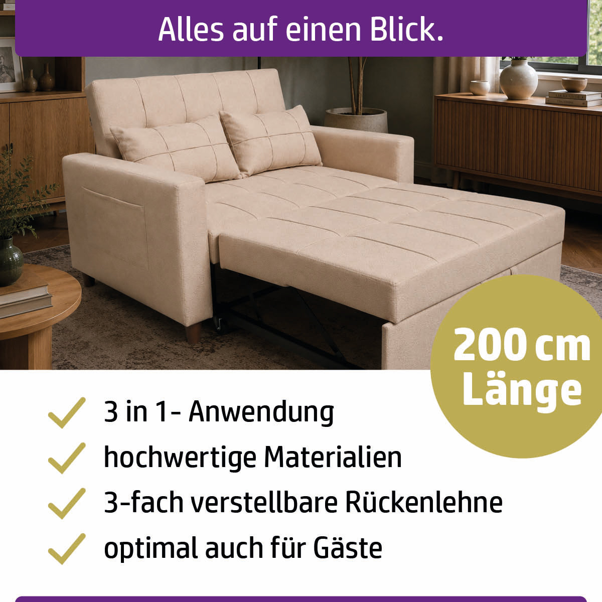 Ambiness 3in1 Zweisitzer Schlafsofa beige