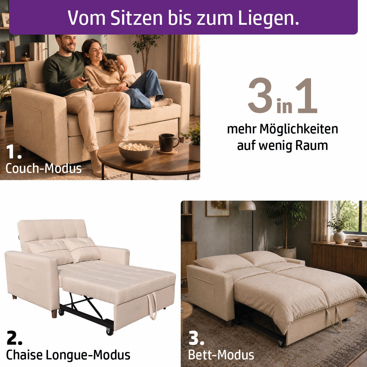 Ambiness 3in1 Zweisitzer Schlafsofa beige