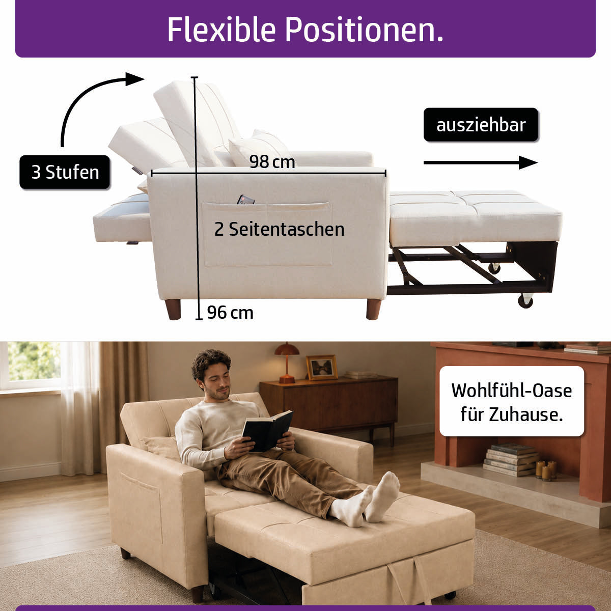 Ambiness 3in1 Zweisitzer Schlafsofa beige