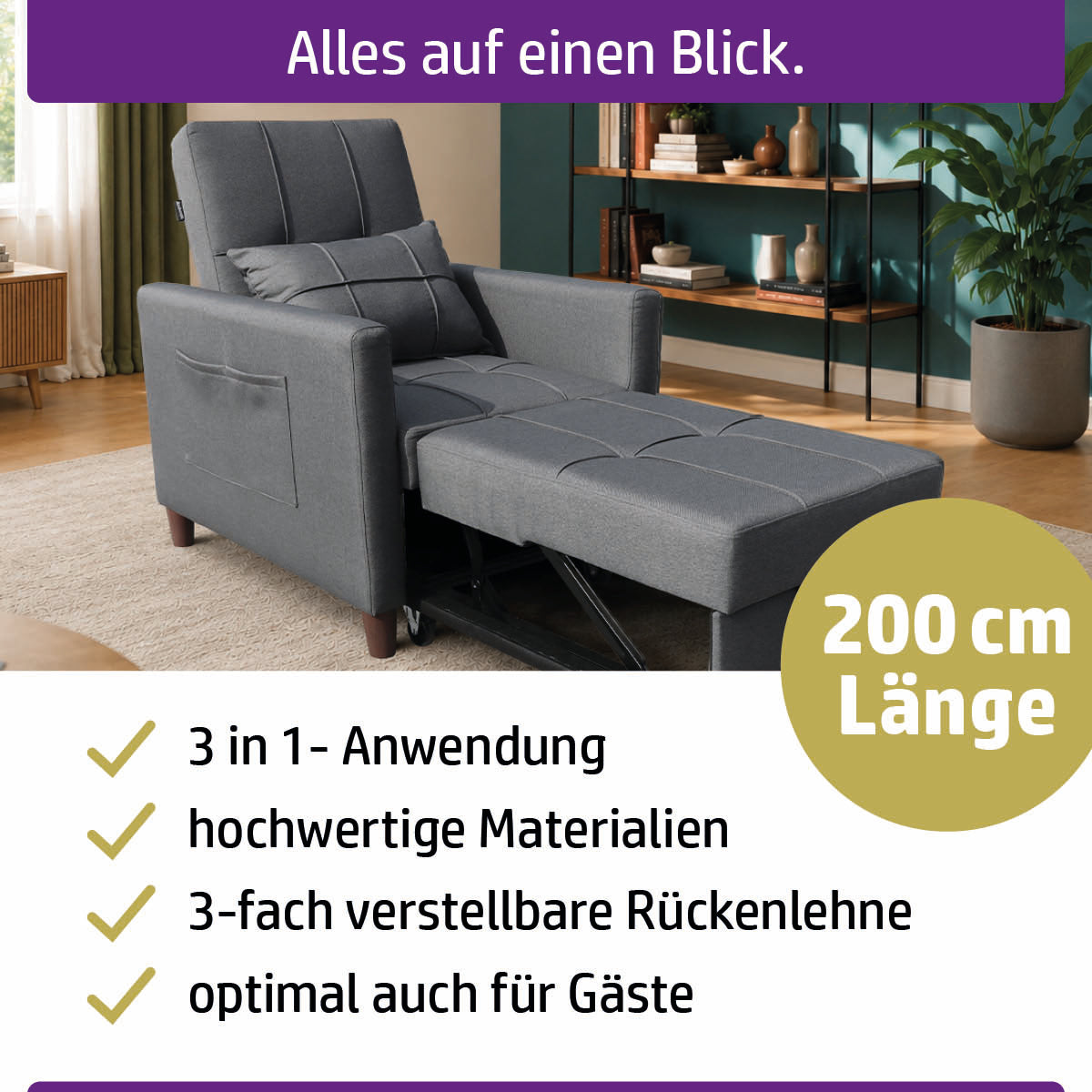 Ambiness 3in1 Einsitzer Schlafsofa dunkelgrau