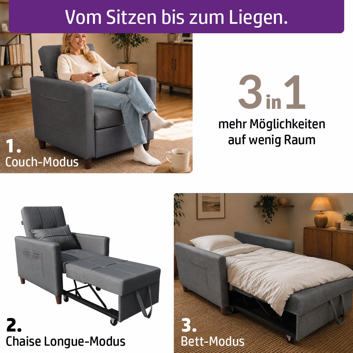 Ambiness 3in1 Einsitzer Schlafsofa dunkelgrau