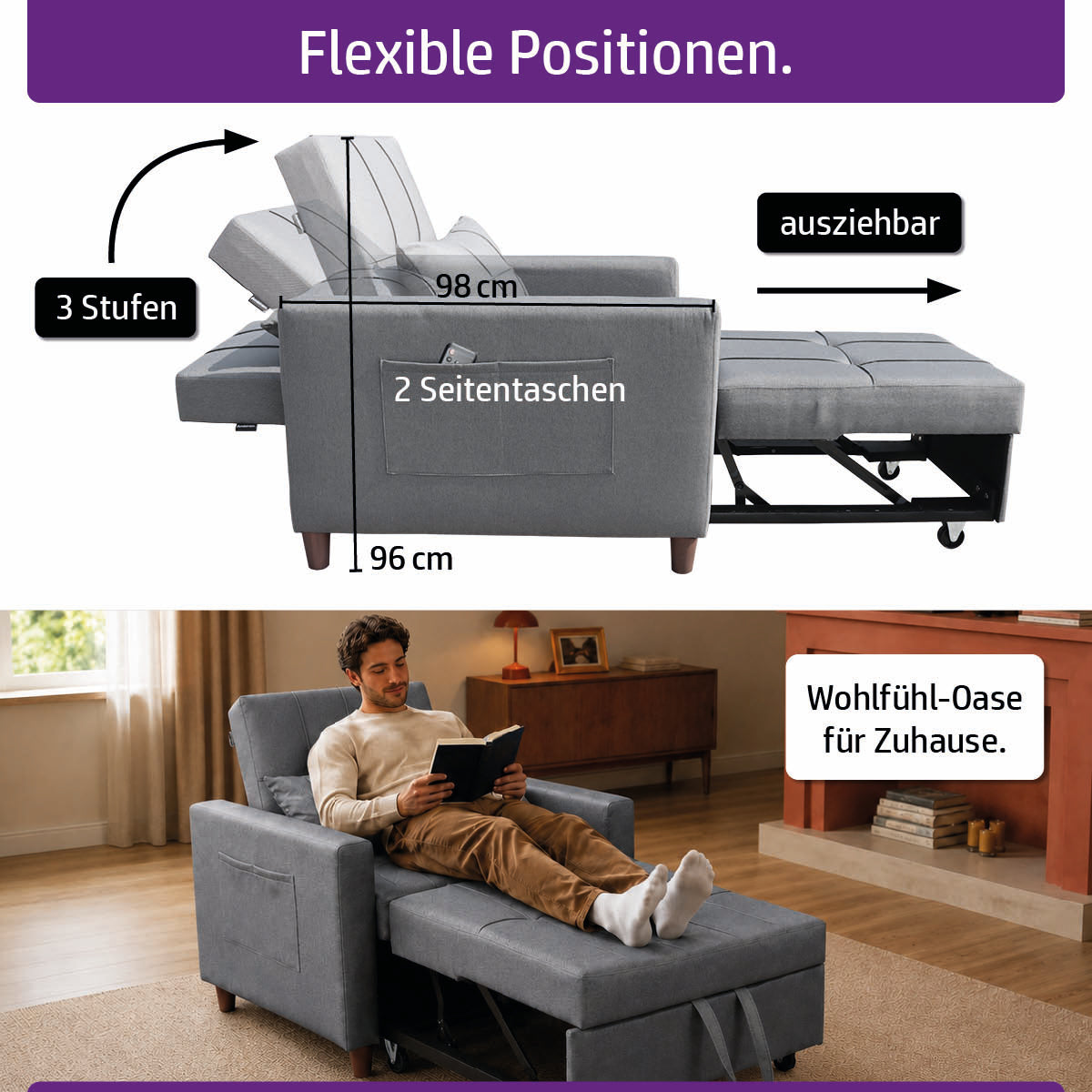Ambiness 3in1 Einsitzer Schlafsofa dunkelgrau