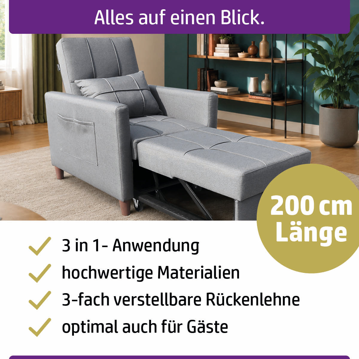 Ambiness 3in1 Einsitzer Schlafsofa hellgrau