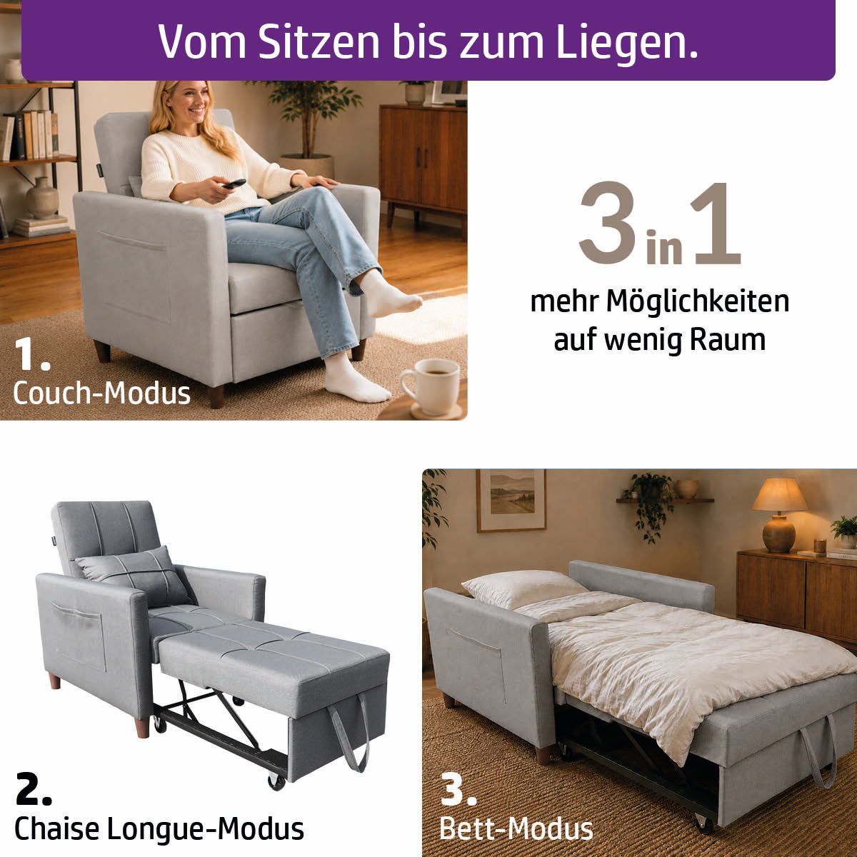 Ambiness 3in1 Einsitzer Schlafsofa hellgrau