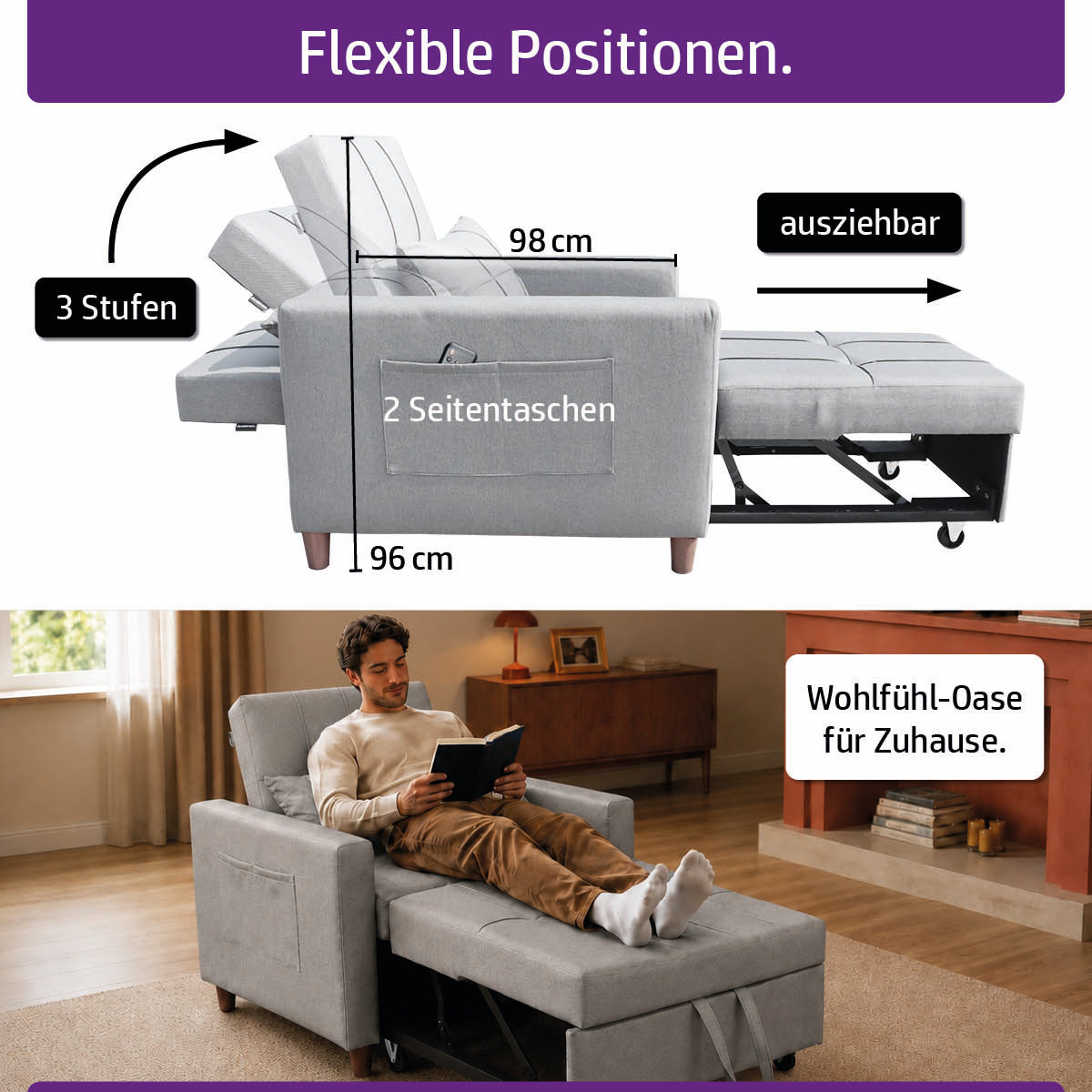 Ambiness 3in1 Einsitzer Schlafsofa hellgrau