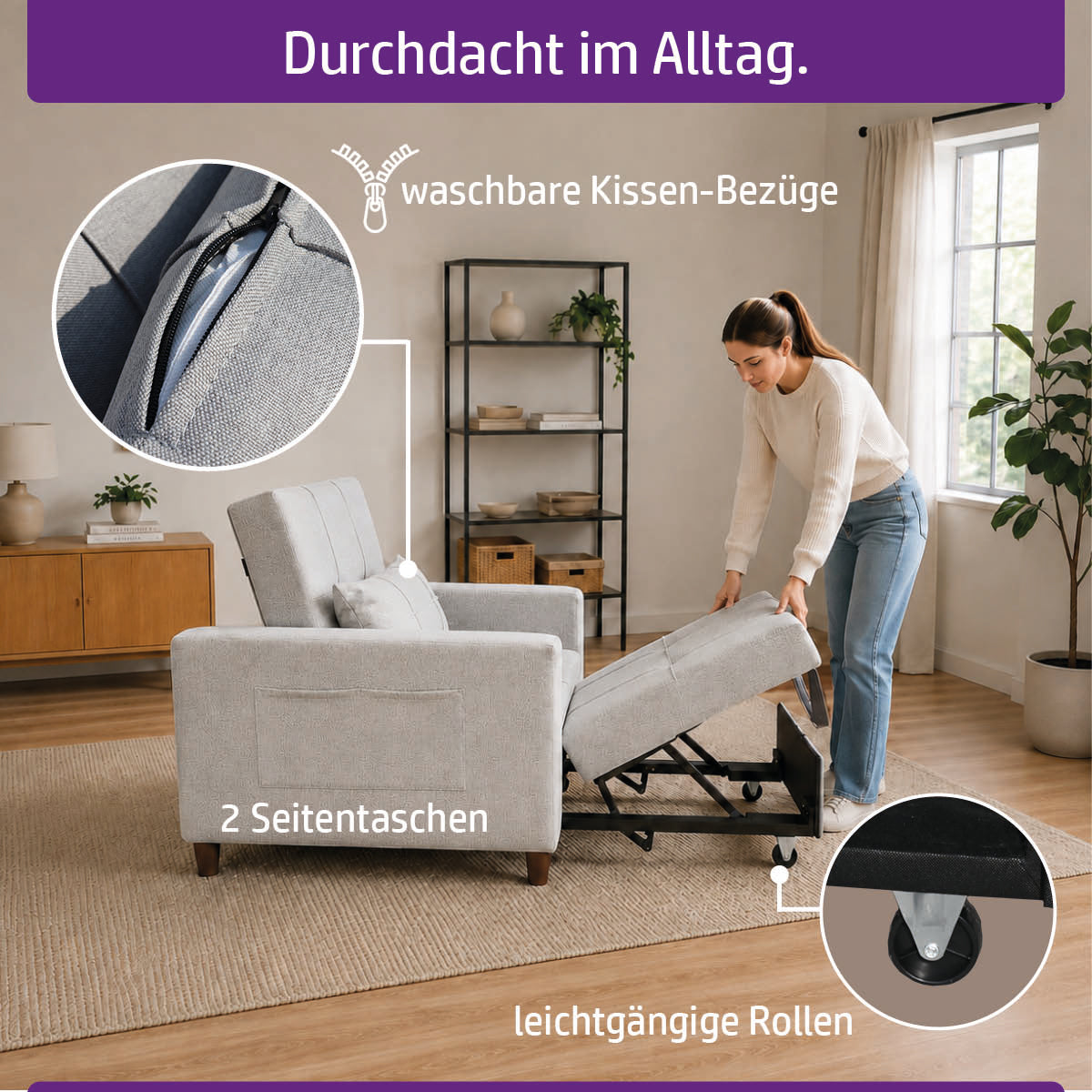 Ambiness 3in1 Einsitzer Schlafsofa hellgrau