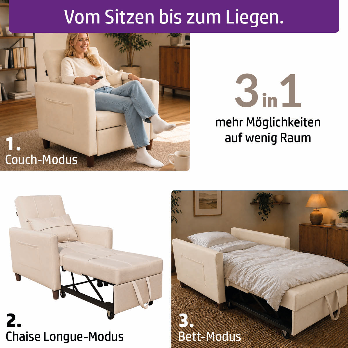 Ambiness 3in1 Einsitzer Schlafsofa beige