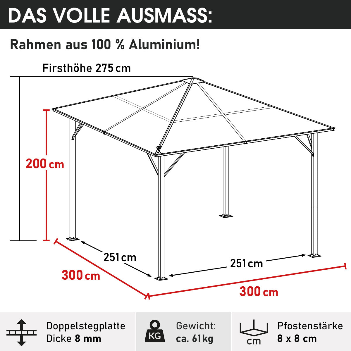 Alu Pavillon PREMIUM mit festem Dach 3x3m grau