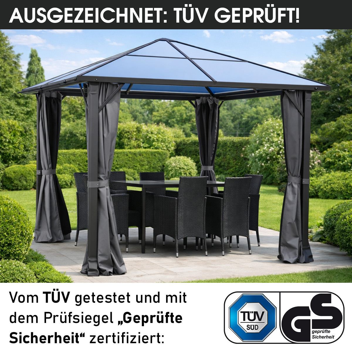 Alu Pavillon PREMIUM mit festem Dach 3x3m grau