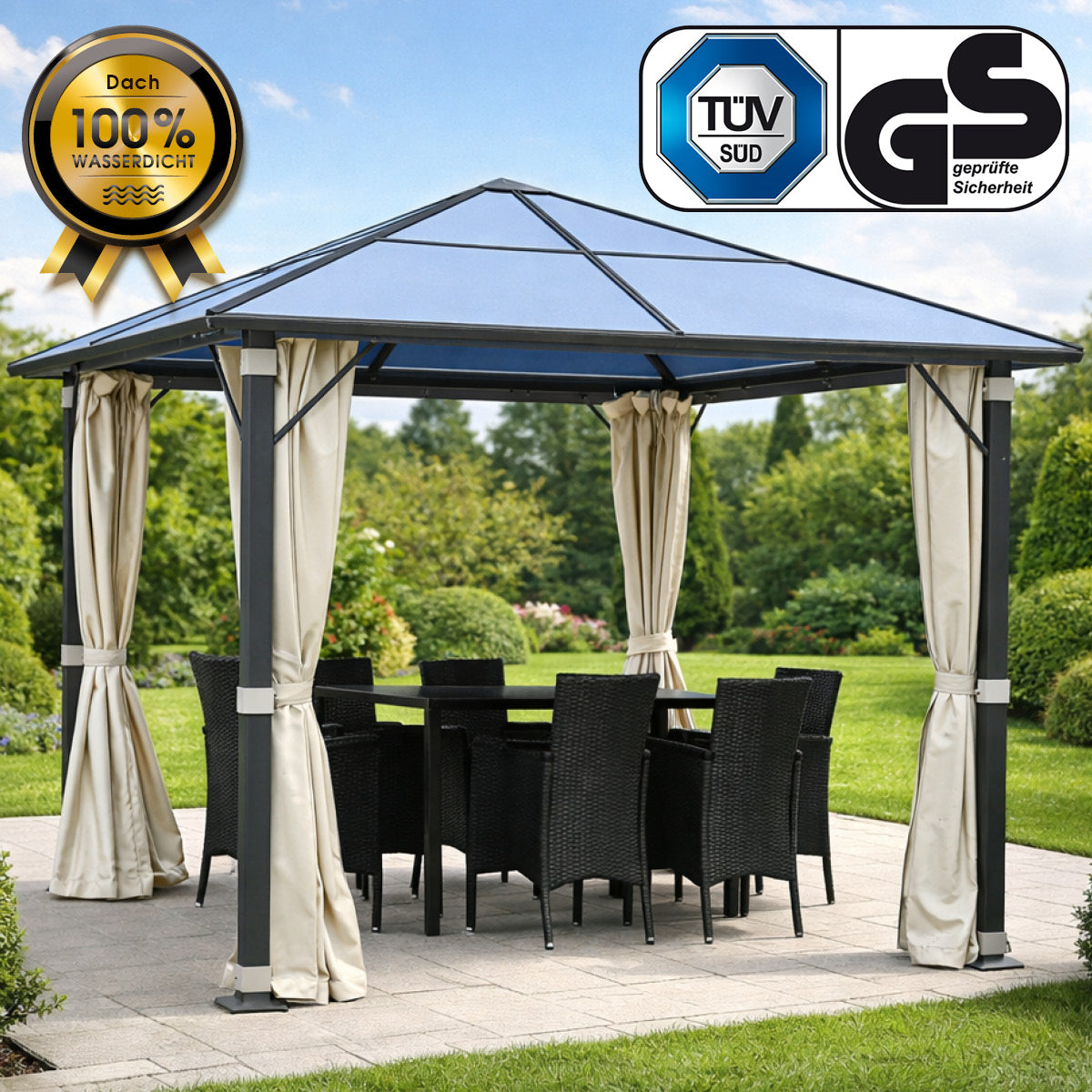 Alu Pavillon PREMIUM mit festem Dach 3x3m beige