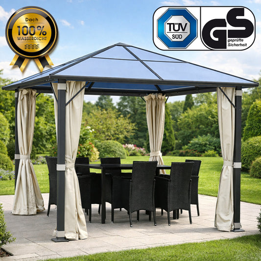 Alu Pavillon PREMIUM mit festem Dach 3x3m beige