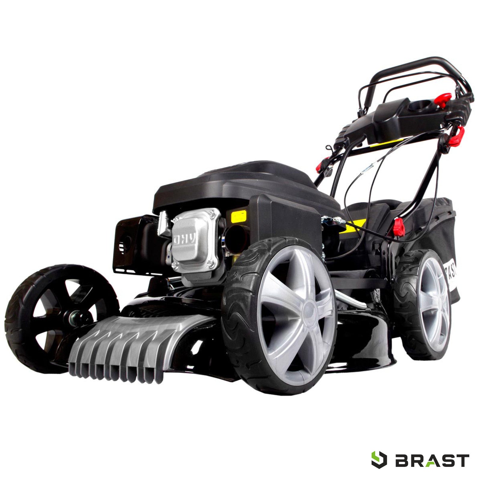 Schwarzer Benzin-Rasenmäher mit großem Grasfangkorb, Elektrostart und robustem 4-Takt-Motor.