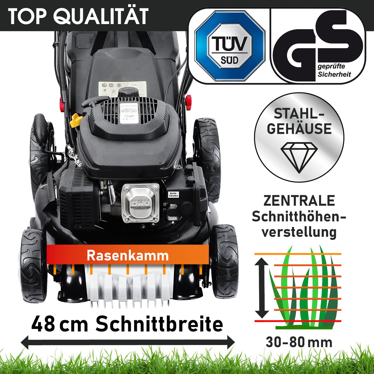 Schwarzer BRAST Benzin-Rasenmäher mit Elektrostart, zentraler Schnitthöhenverstellung, 48 cm Schnittbreite, Stahlgehäuse.