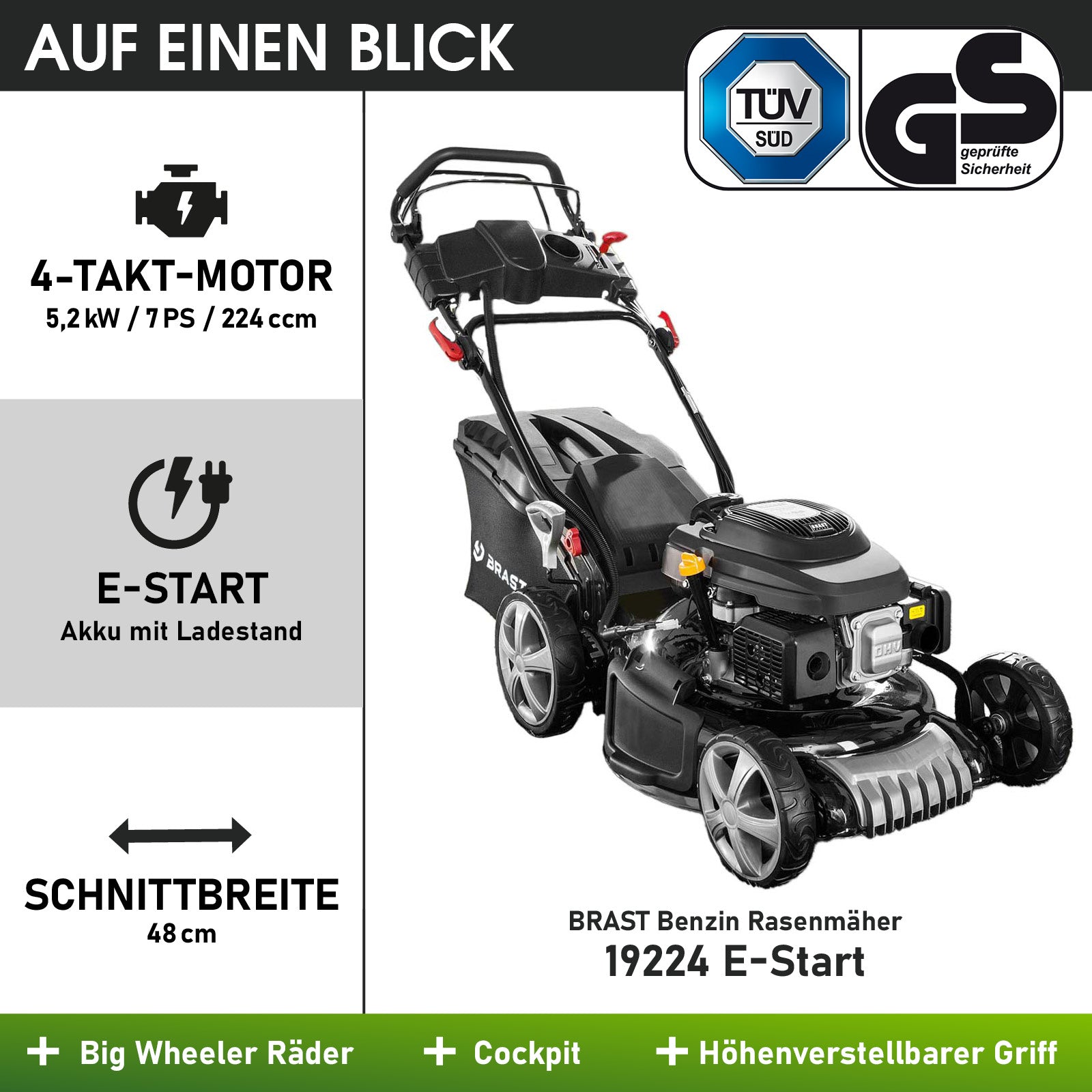 Schwarzer BRAST Benzin Rasenmäher mit 4-Takt-Motor, E-Start und 48 cm Schnittbreite.