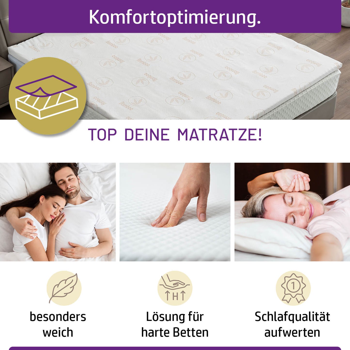 Weißer Matratzen Topper aus Memory Schaum mit 13 Zonen, 140x200 cm, mit Bezug.