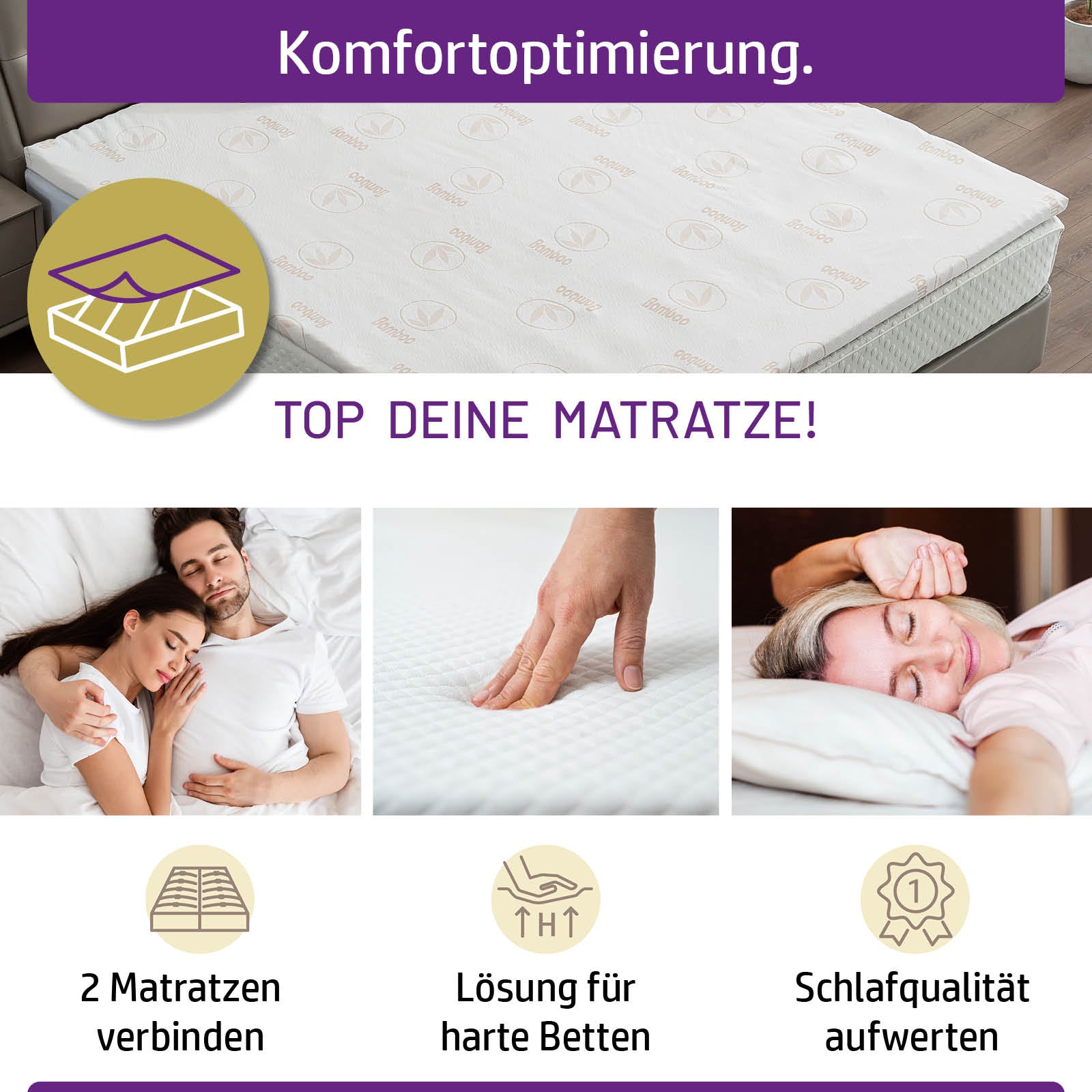 12 cm weißer Memory-Schaum Matratzentopper 160x200 mit atmungsaktivem Bezug.