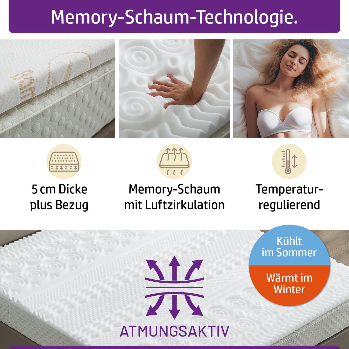 Weißer Matratzen Topper 160x200 aus Memory Schaum mit atmungsaktivem, temperaturregulierendem Bezug.